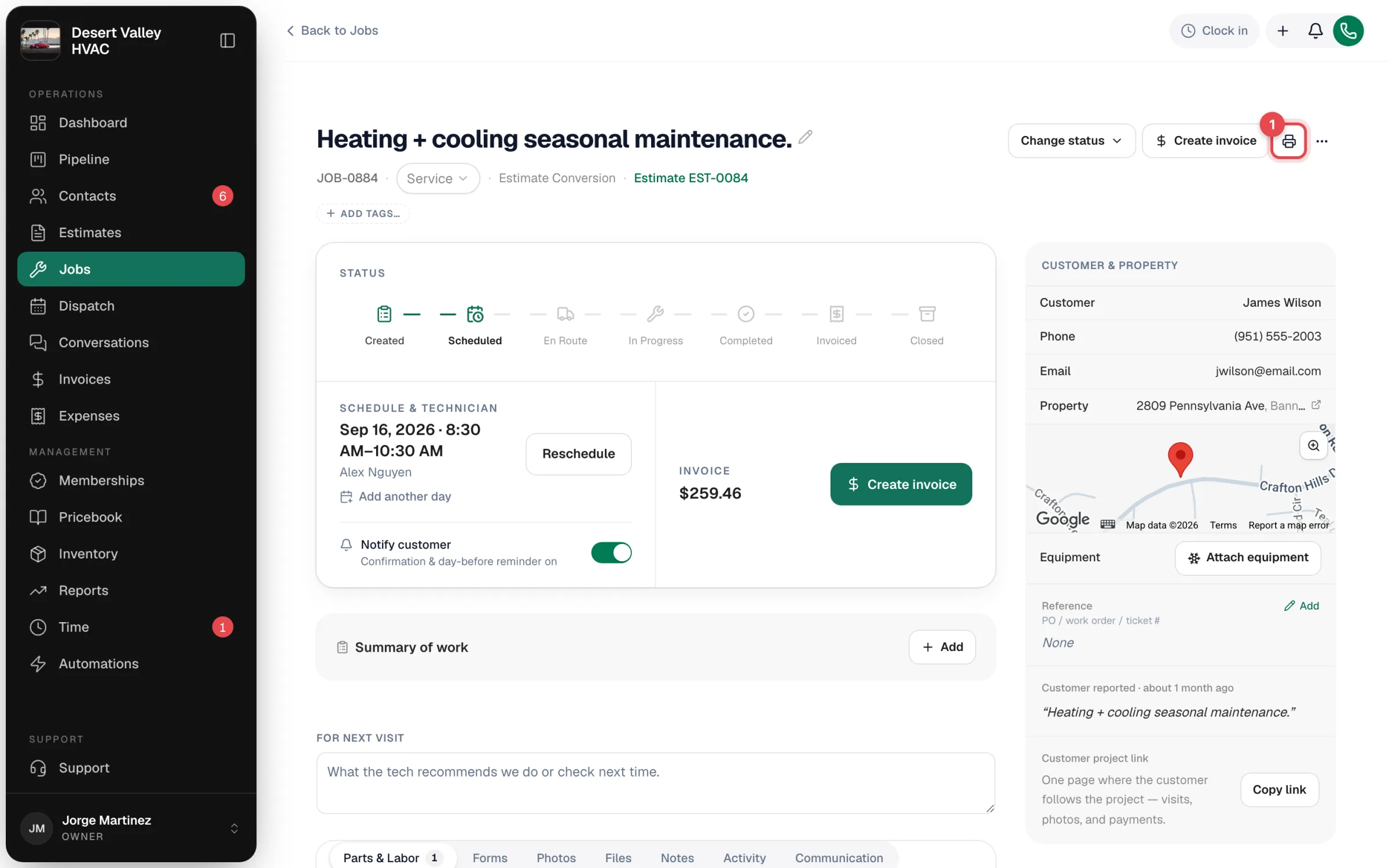 Job page header with the printer icon highlighted