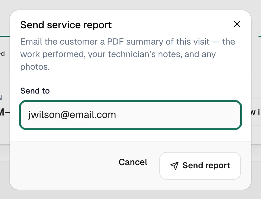 Send service report dialog with the Send to email field and Send report button
