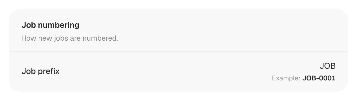 Job numbering section in Hours and Licenses settings with the Job prefix field and example