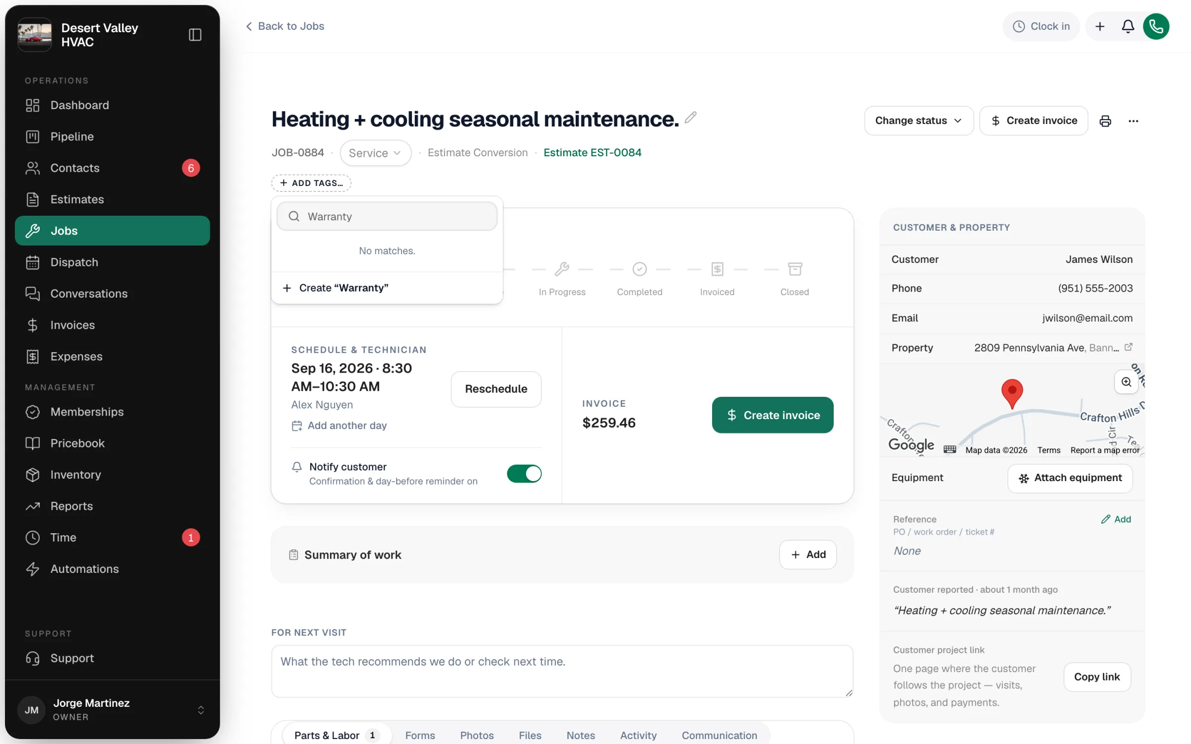 Job page with the Add tags picker open under the job title