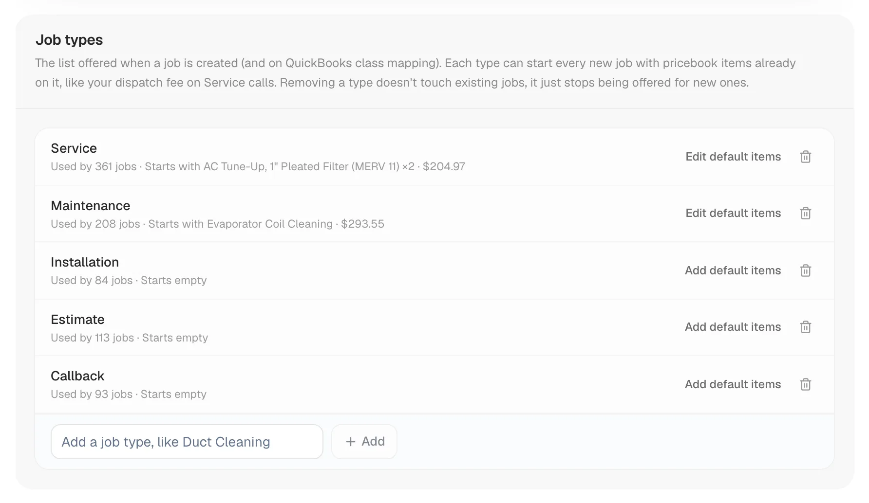 Job types section in Settings with the list of types, default items and the Add a job type field