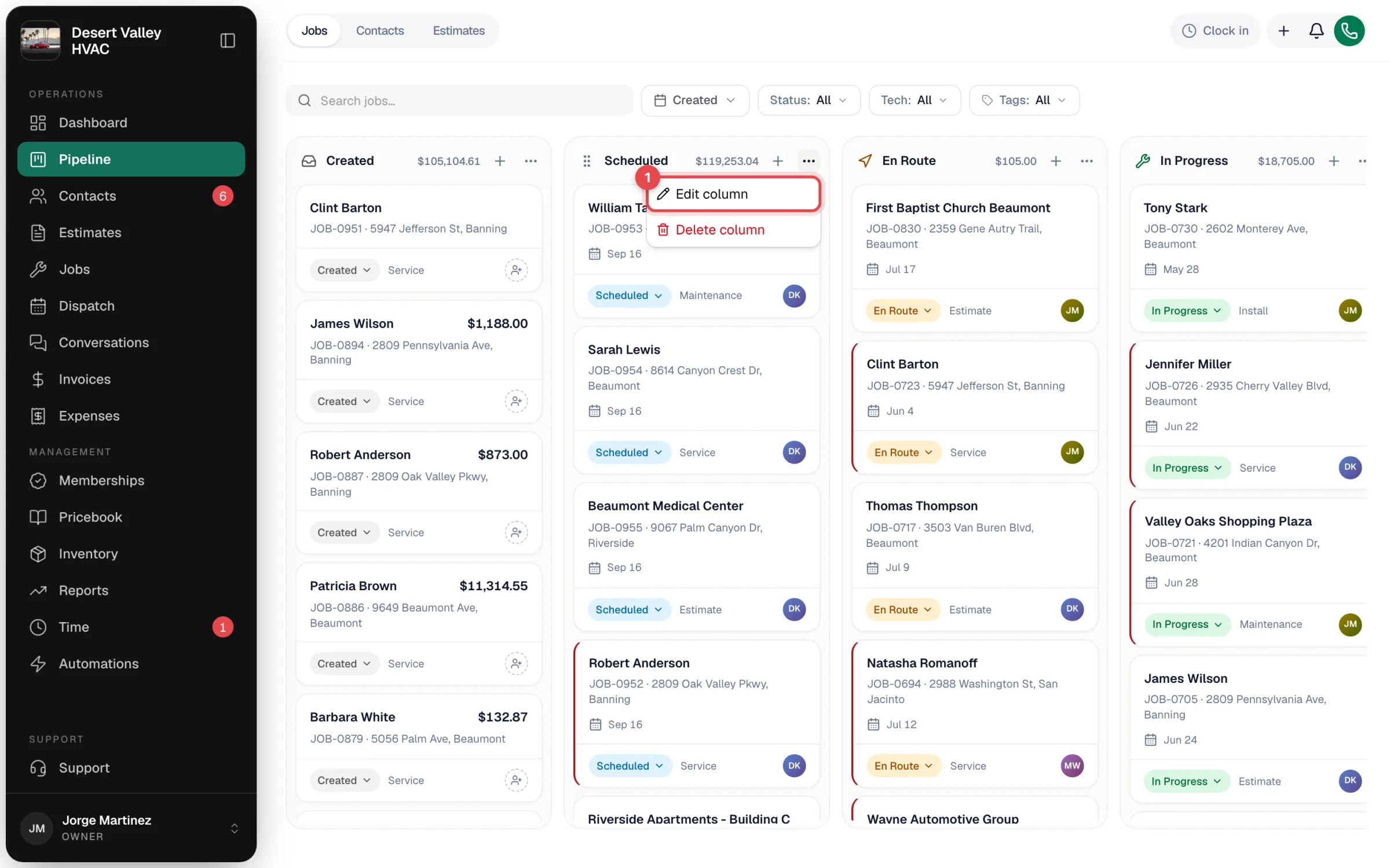 Column menu on the Scheduled column with Edit column highlighted