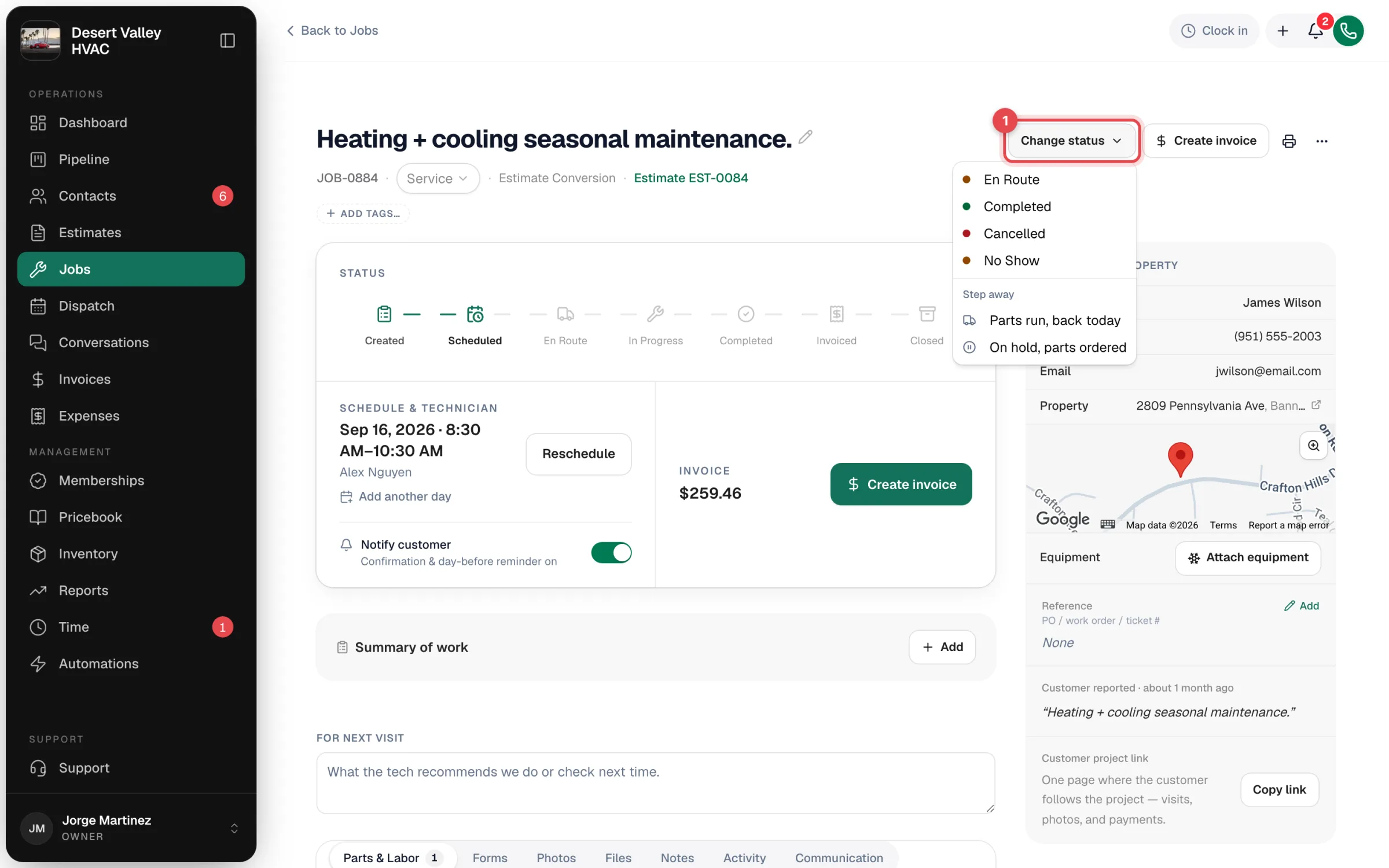 Job page with the Change status menu open showing En Route, Completed, Cancelled, No Show and the Step away options