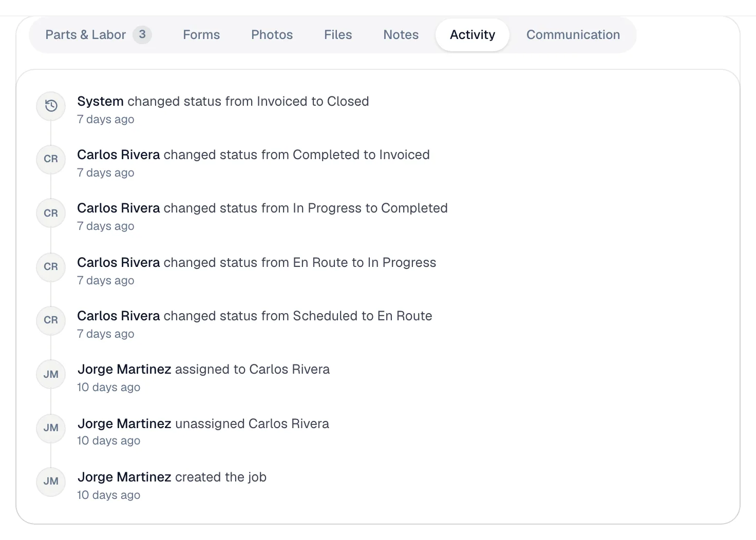 Activity tab on a job listing status changes, assignment and creation, newest first