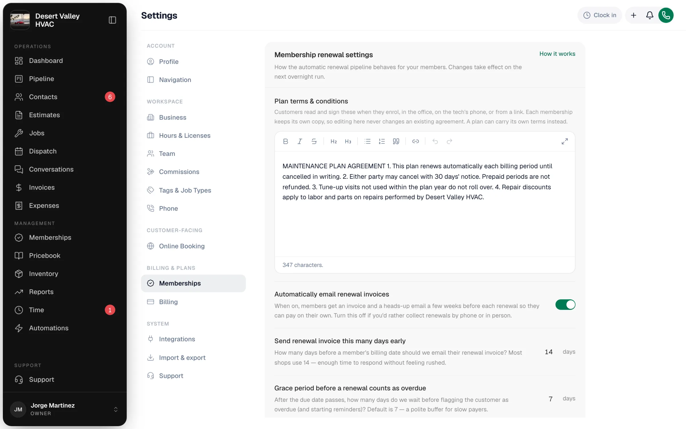 Membership renewal settings with plan terms, automatic renewal invoices, days early and grace period