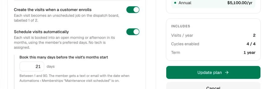 Plan form with Create the visits when a customer enrolls and Schedule visits automatically on, and the days-before field