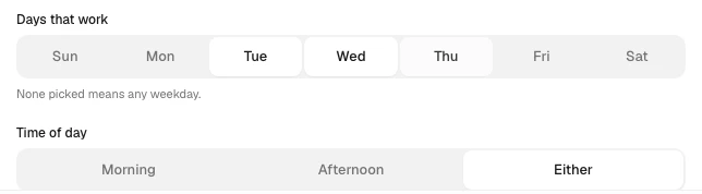 Days that work pills and the Morning, Afternoon or Either choice