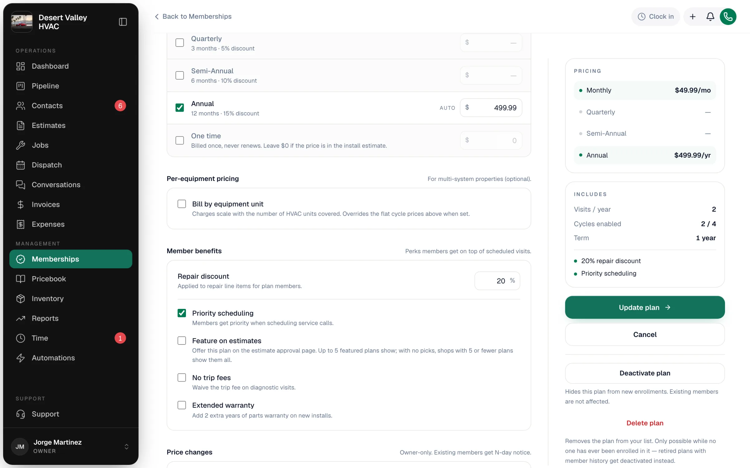 Billing cycles, per-equipment pricing and member benefits on the plan form