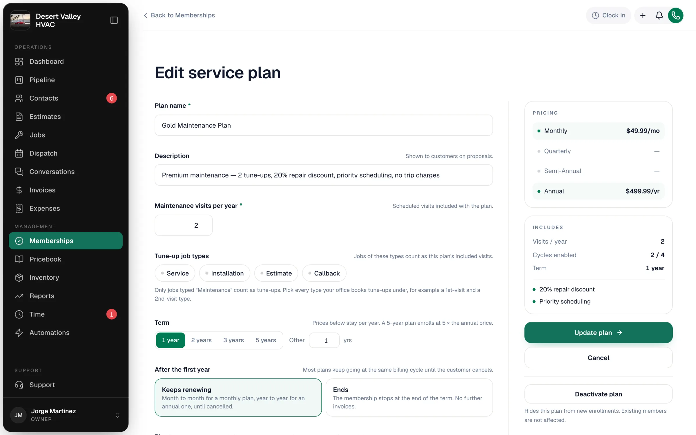 Edit service plan page with plan name, description, visits per year, tune-up job types, term and the pricing summary