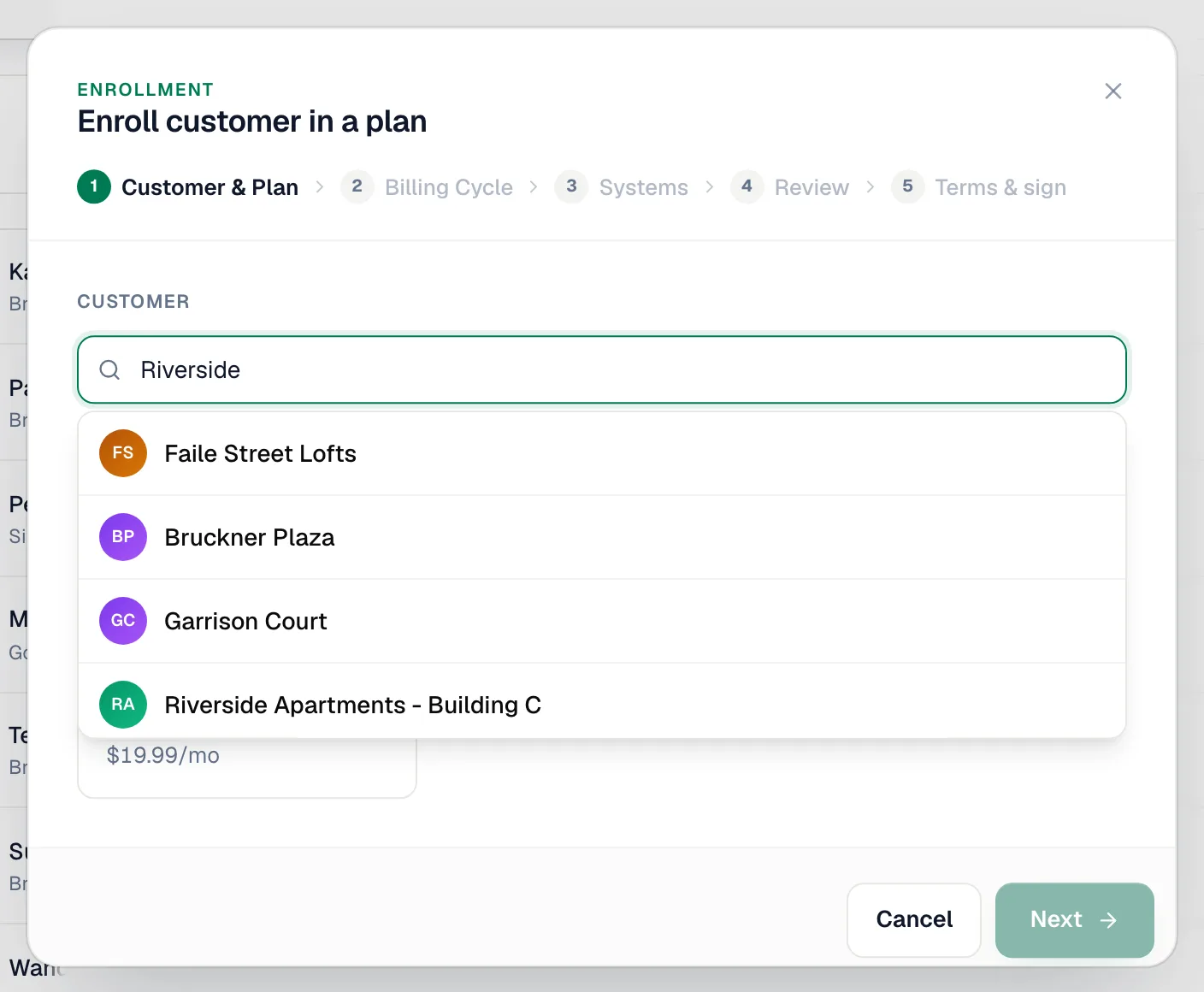 Enroll customer in a plan window on the Customer & Plan step, searching for a customer