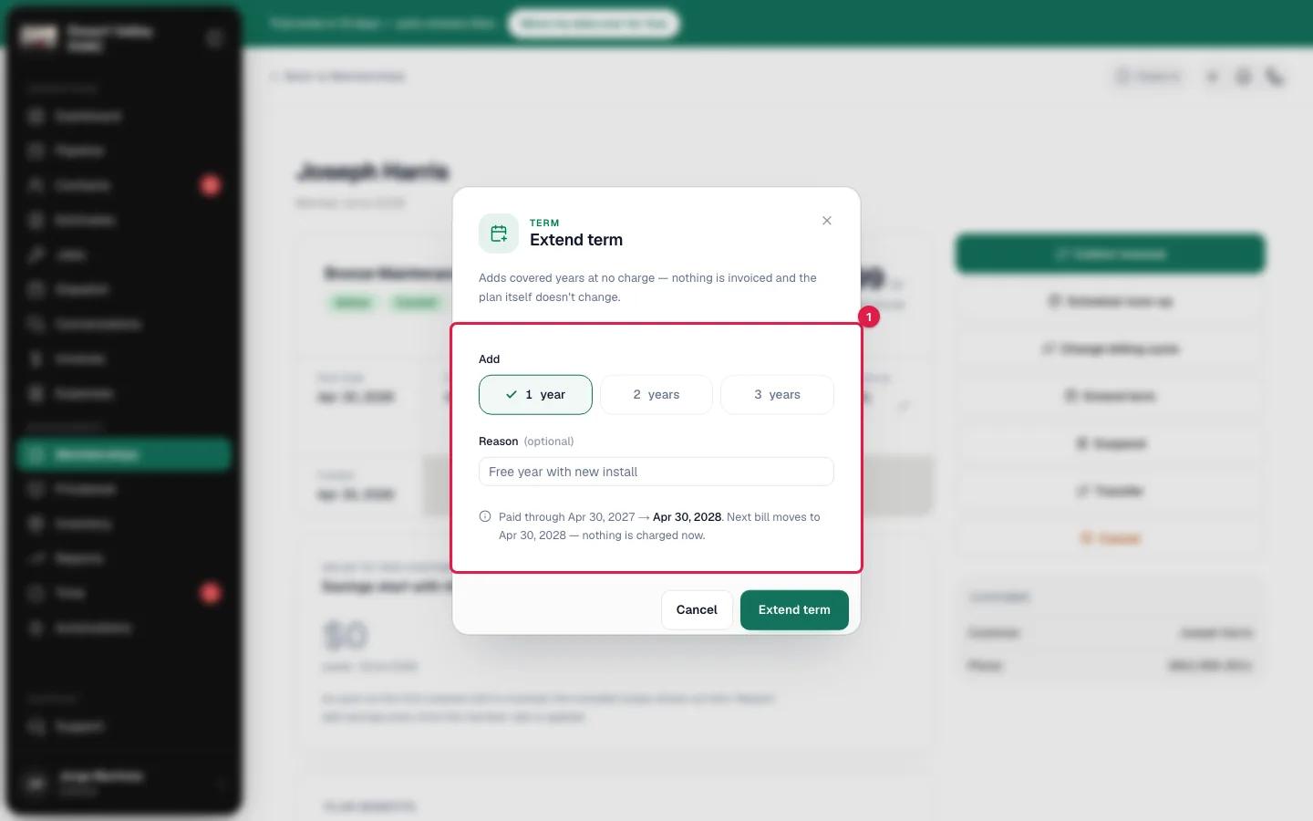 Extend term window with the Paid through preview line