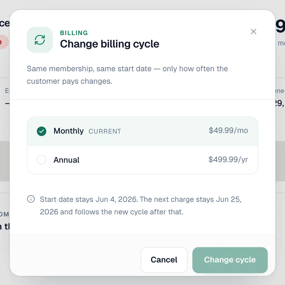 Change billing cycle window with Monthly current and Annual available