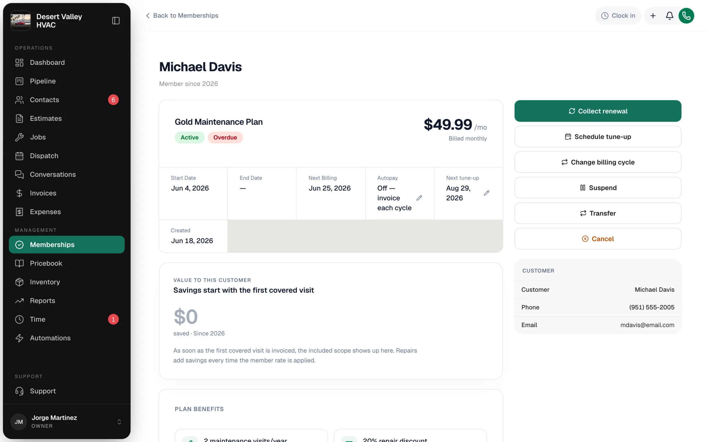 Membership page for a Gold Maintenance Plan member with dates, autopay and the action buttons
