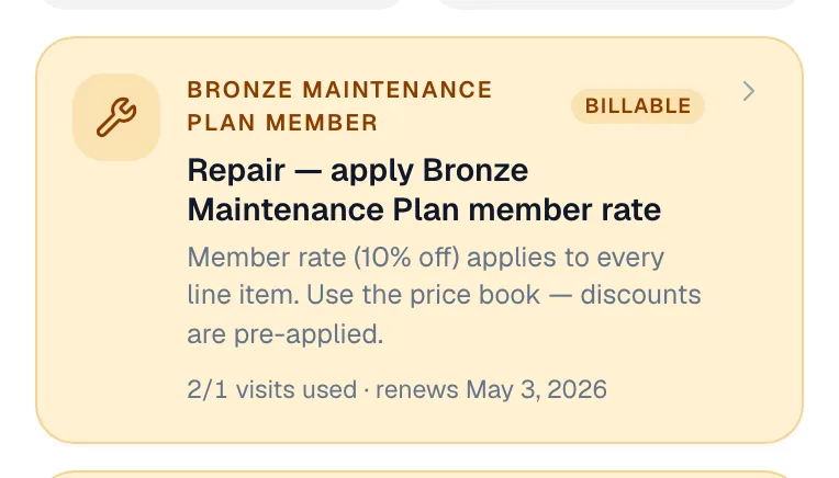 The member card at the top of a job in the mobile app, showing the plan's member rate