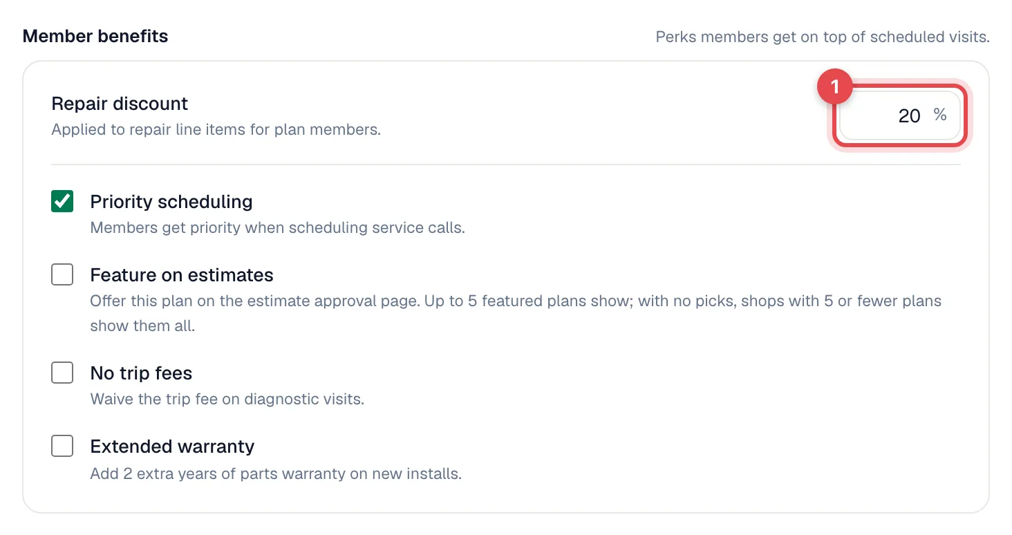 The Member benefits section of the plan form with the Repair discount percentage highlighted