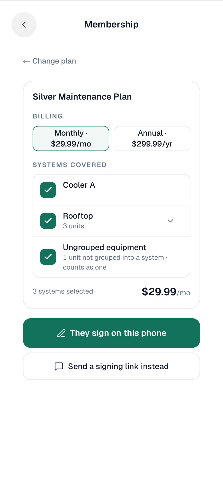 Enrollment in the mobile app with billing options, systems covered and the two ways to sign