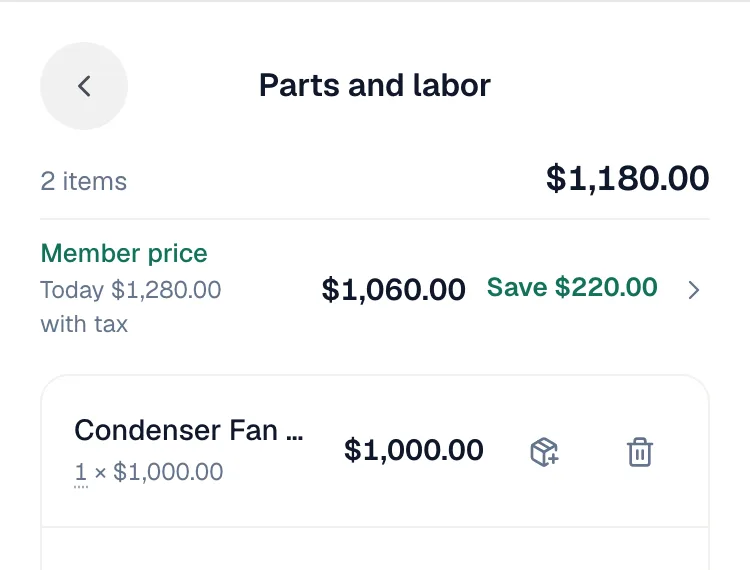 Parts and labor in the mobile app with the Member price row and its Save amount under the total