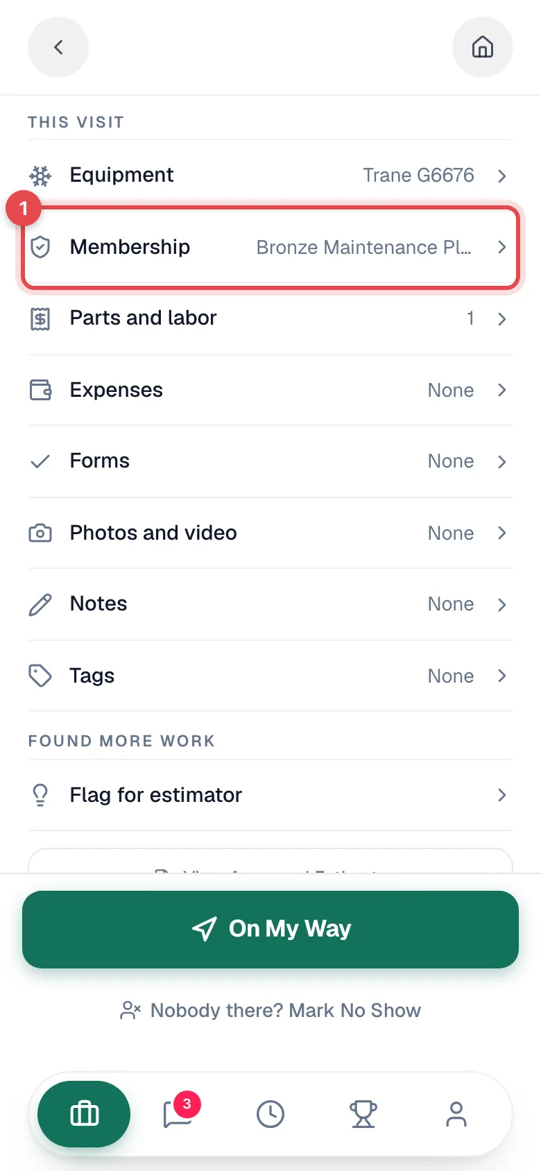 Job in the mobile app with the Membership row highlighted in the This visit list
