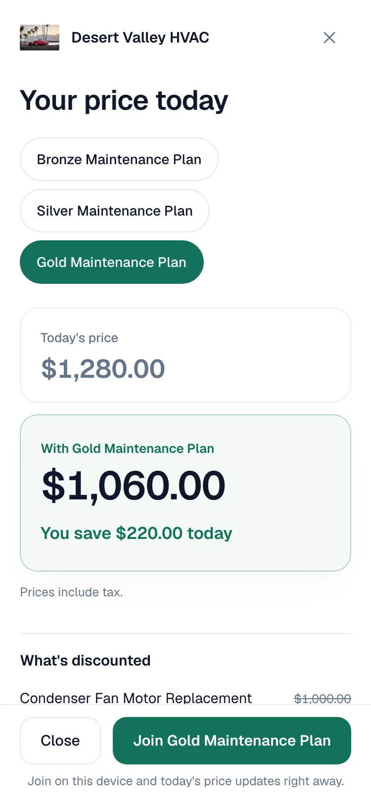 Your price today screen with Today's price, the price with the Gold Maintenance Plan and the Join button