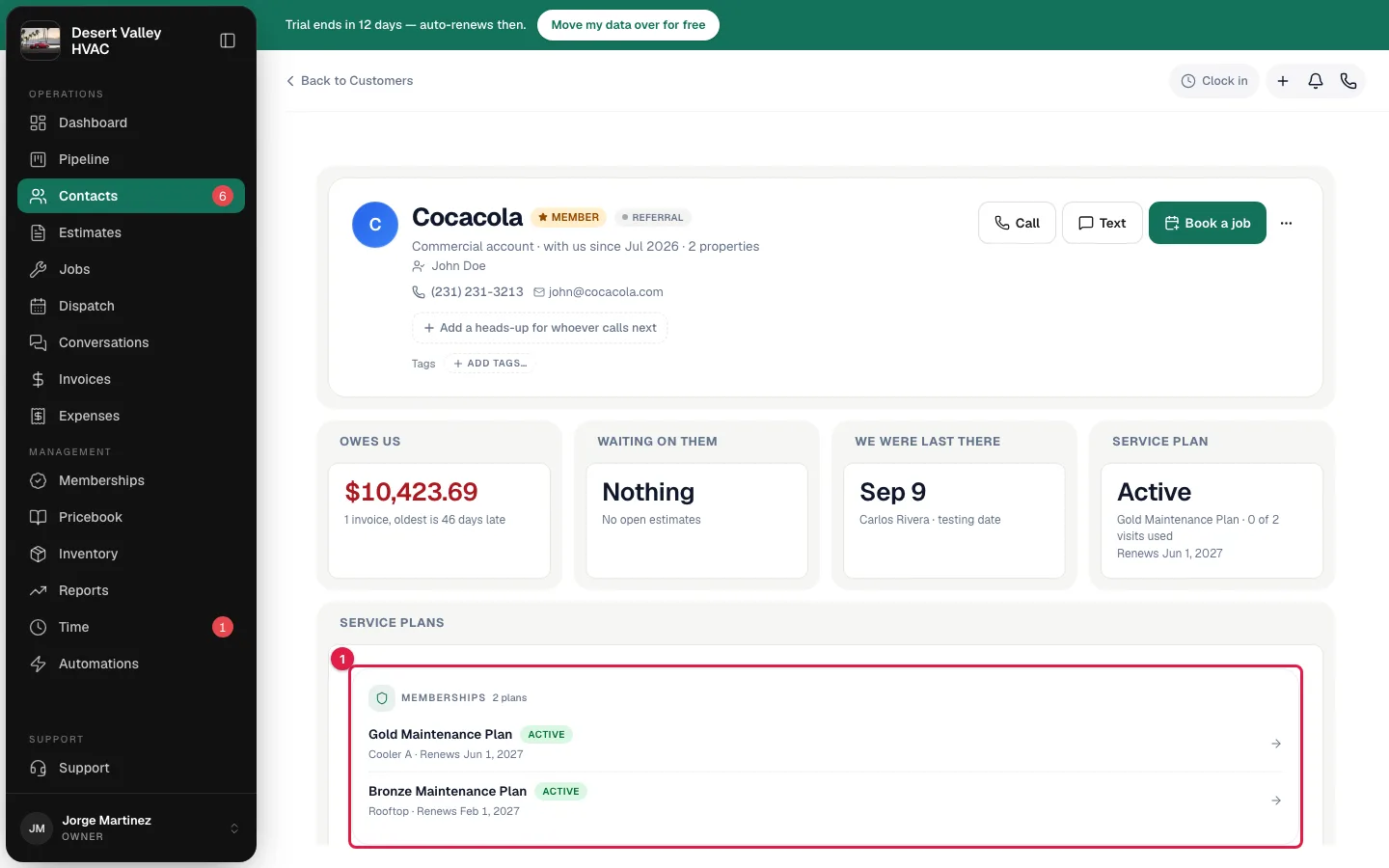 Customer page with the Memberships card listing two plans