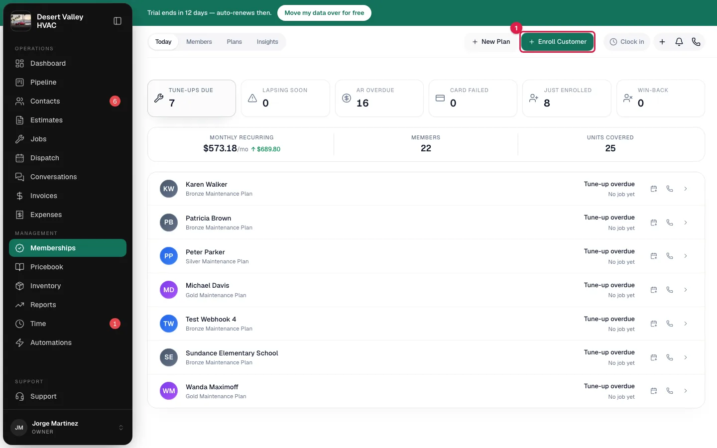 Memberships page with the Enroll Customer button highlighted