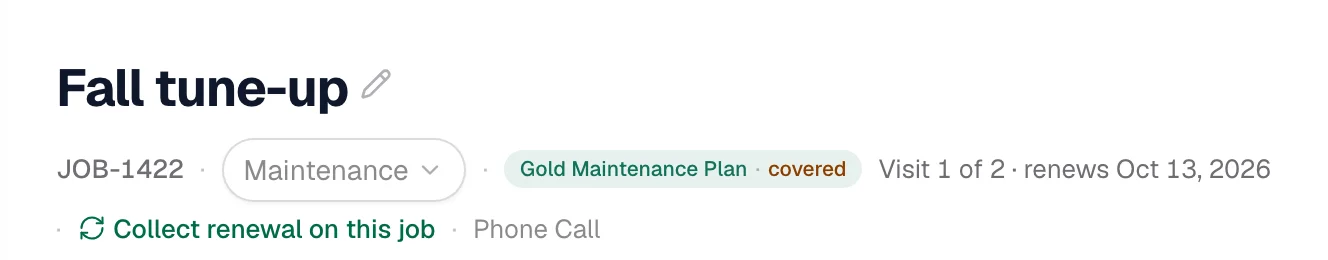 The job page header with the Collect renewal on this job link next to the membership plan
