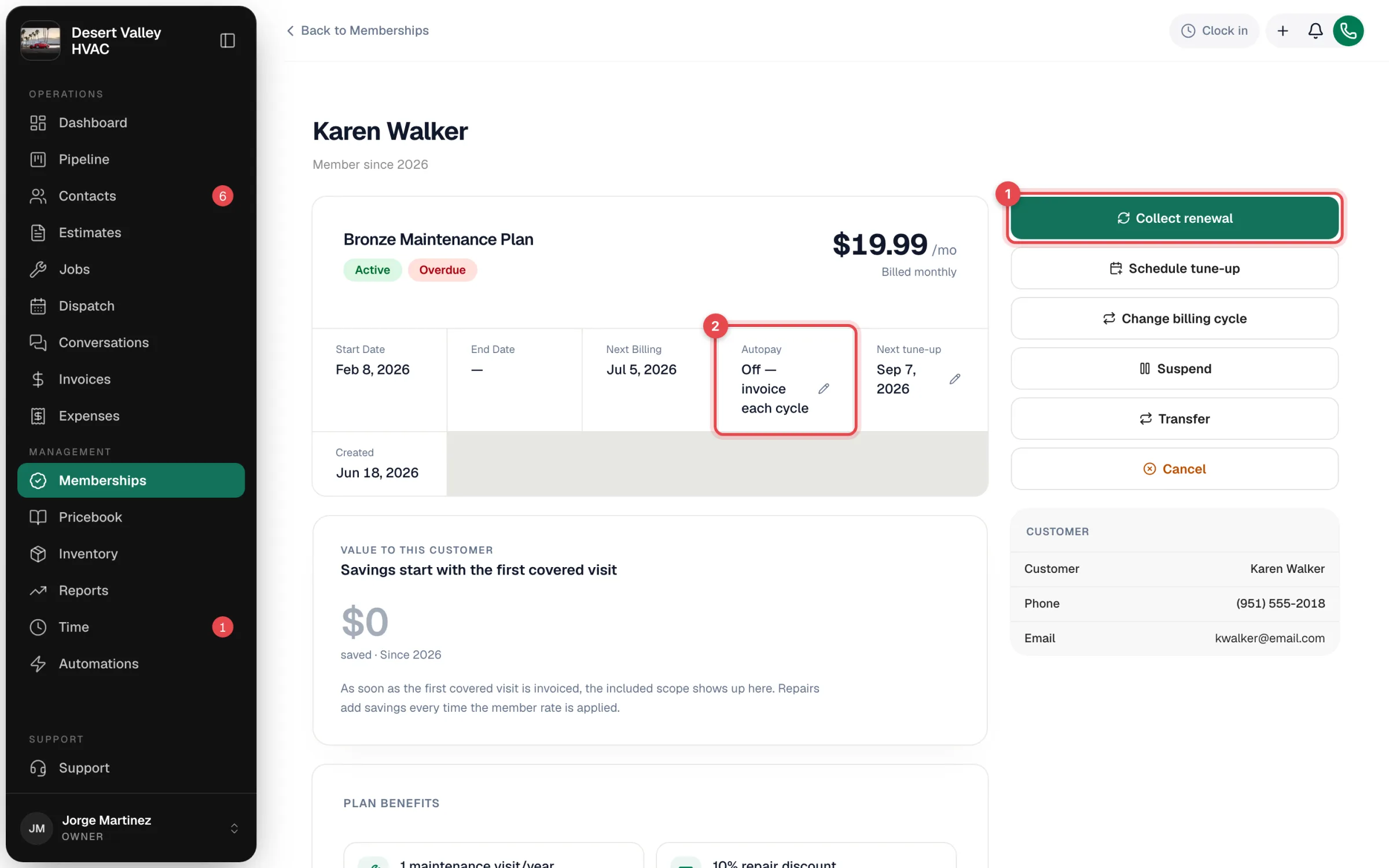 A membership page with the Collect renewal button and the Autopay field highlighted