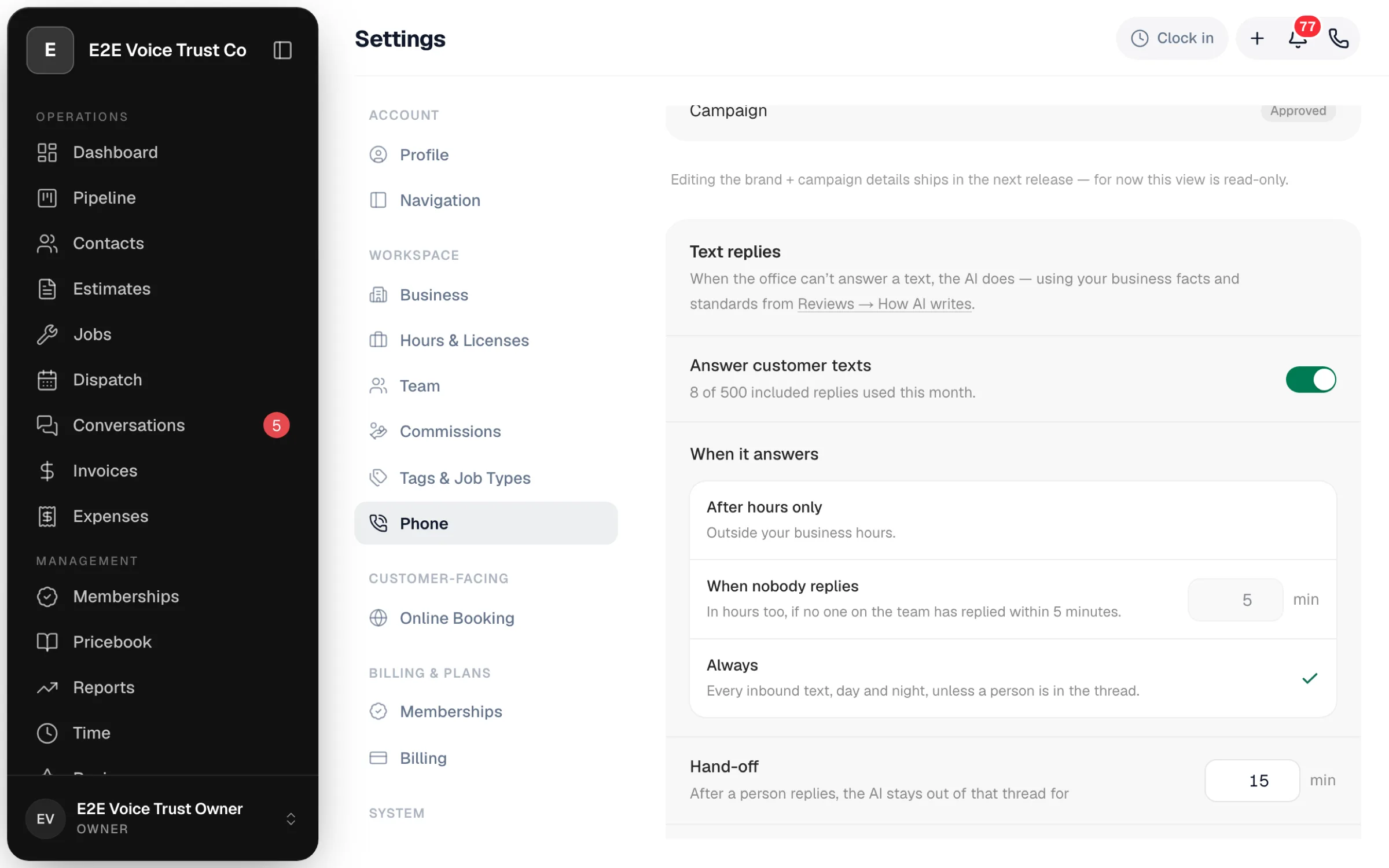 Text replies card under Settings → Phone → Messaging with the Answer customer texts switch on, the 8 of 500 included replies used this month counter, the three When it answers options and the Hand-off setting