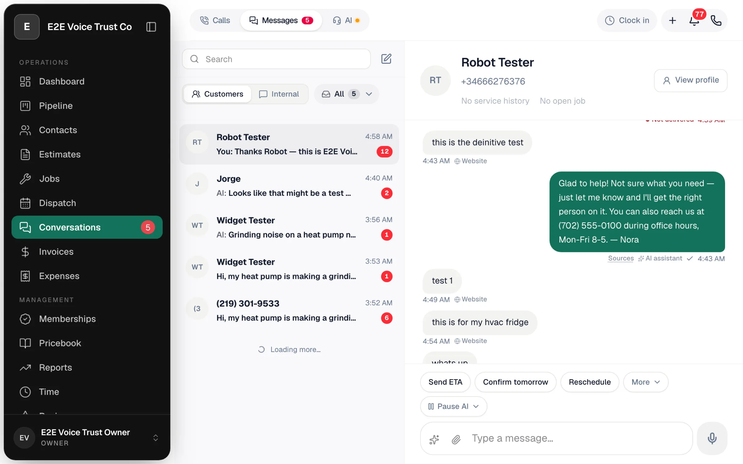 A Messages thread with an AI reply bubble labelled AI assistant, Website chips on the inbound messages and the Pause AI chip in the composer