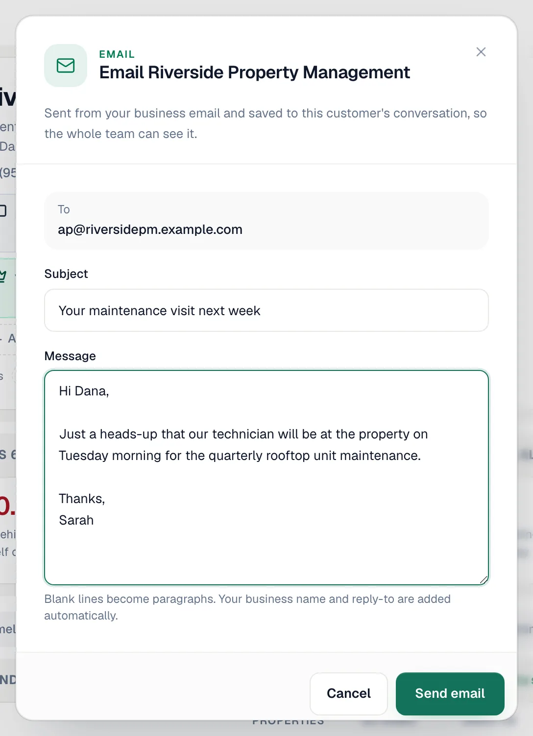 Email composer with Subject and Message fields