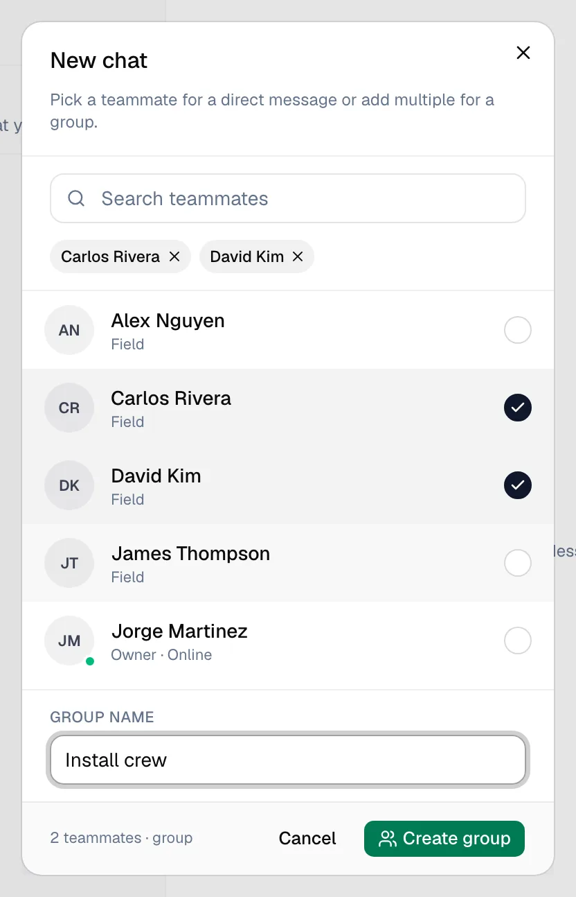New chat window with two technicians selected and a group name entered