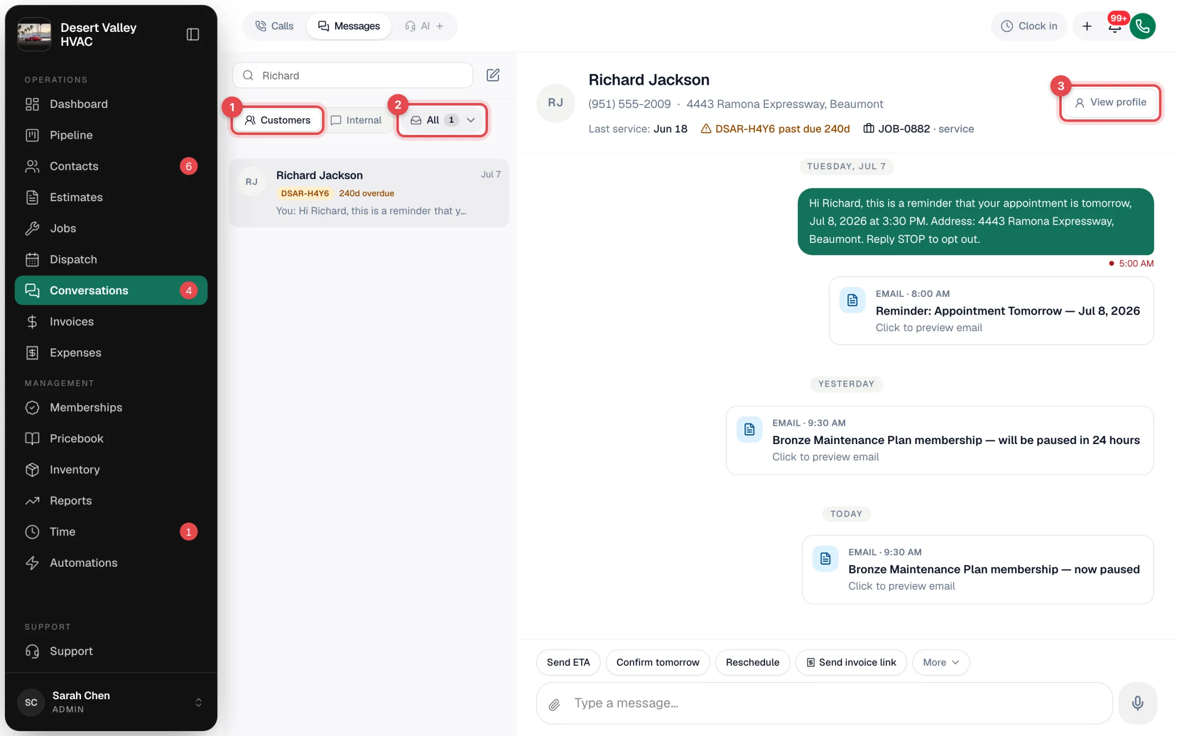 Messages inbox with the Customers toggle, the filter menu and the View profile button highlighted