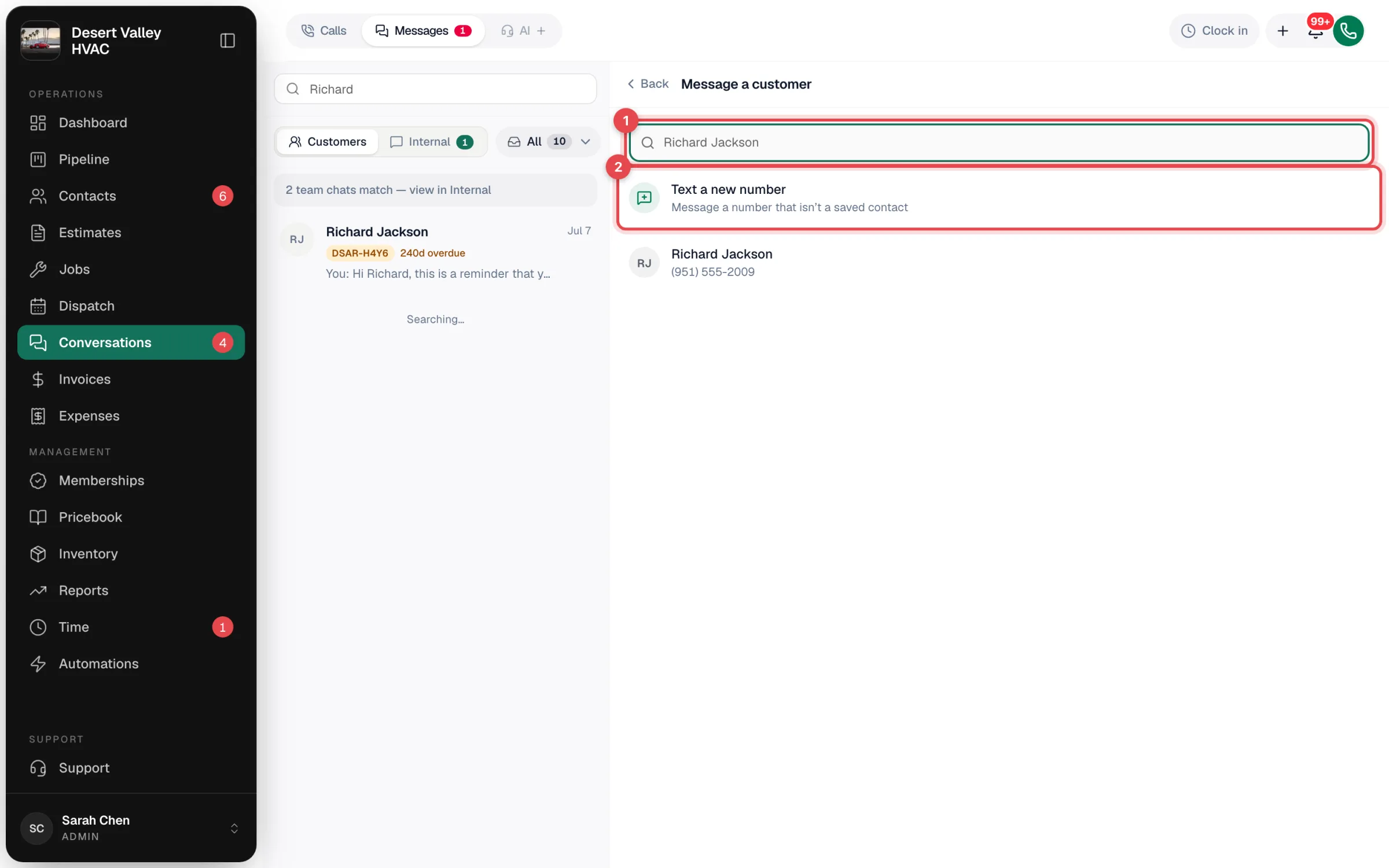 Message a customer picker with the search box and Text a new number option highlighted