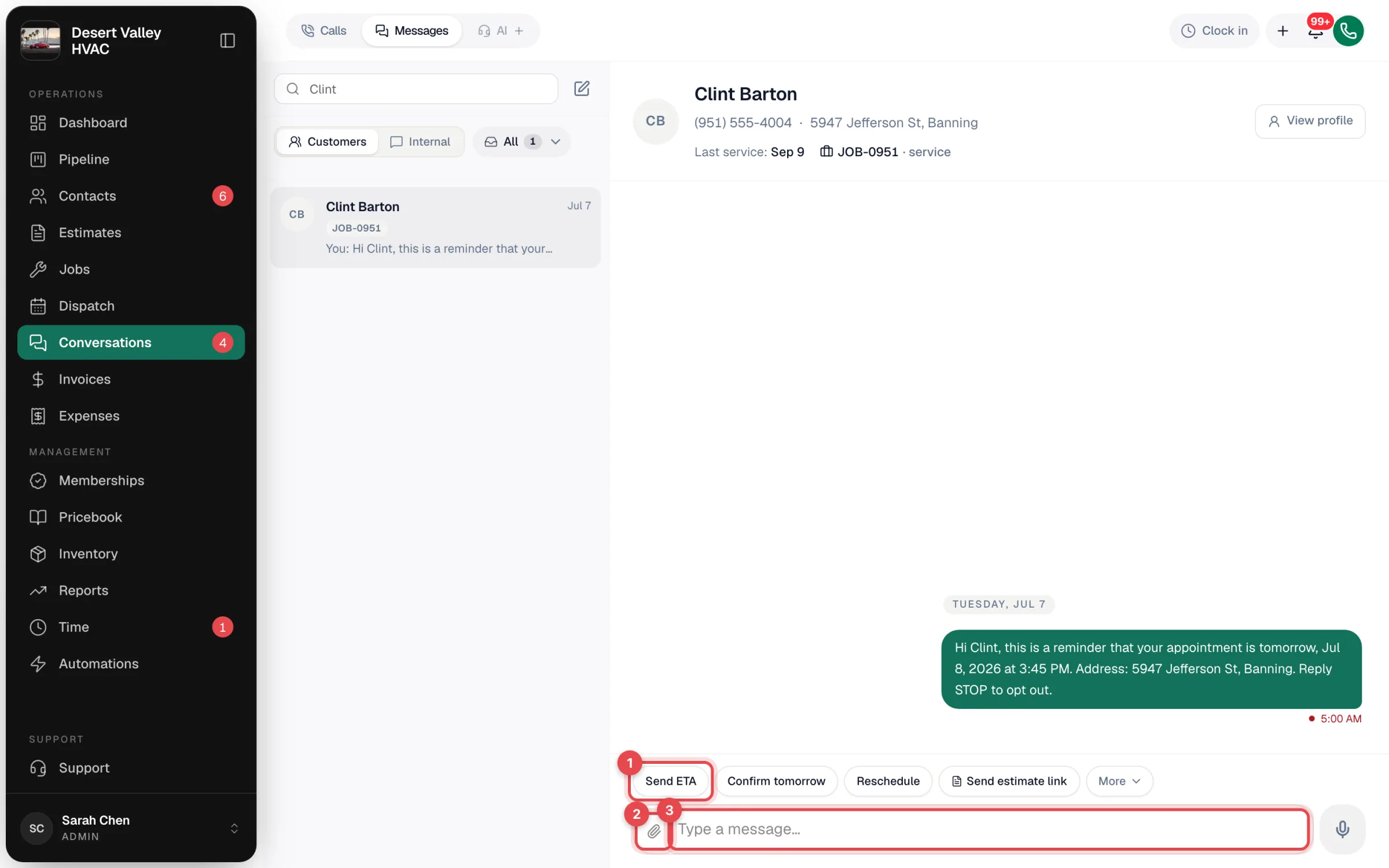 Conversation with the quick reply chips, the attach button and the message box highlighted