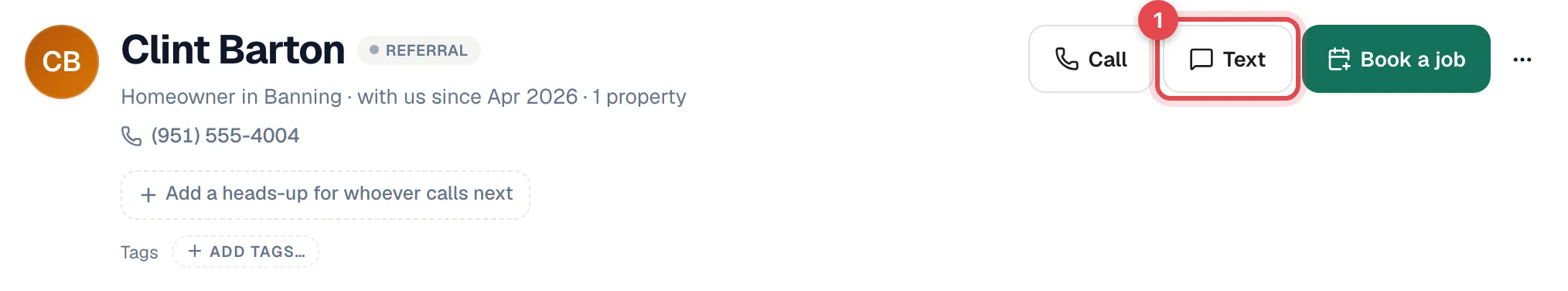 Customer profile with the Text button highlighted