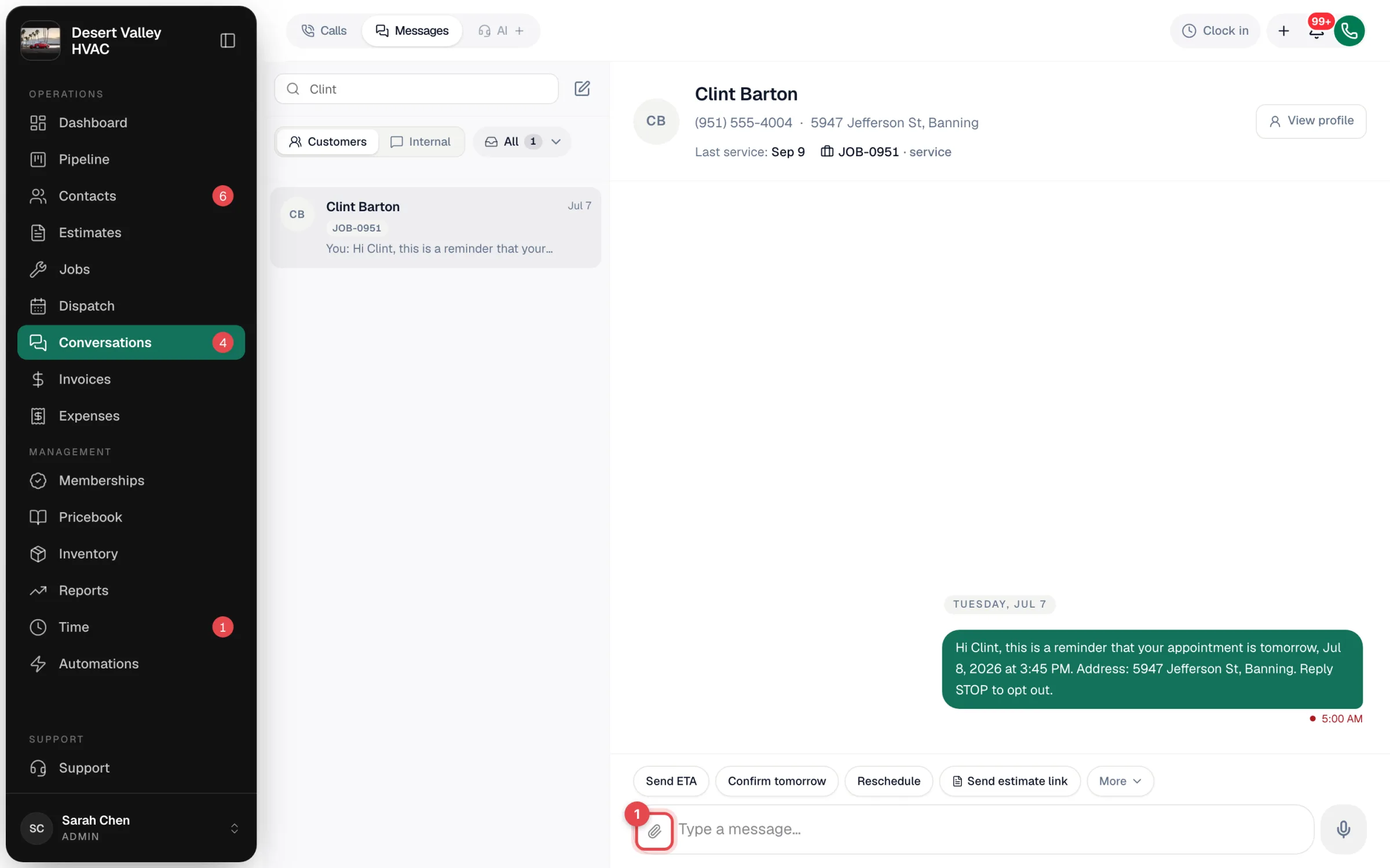 Conversation with the paperclip attach button highlighted