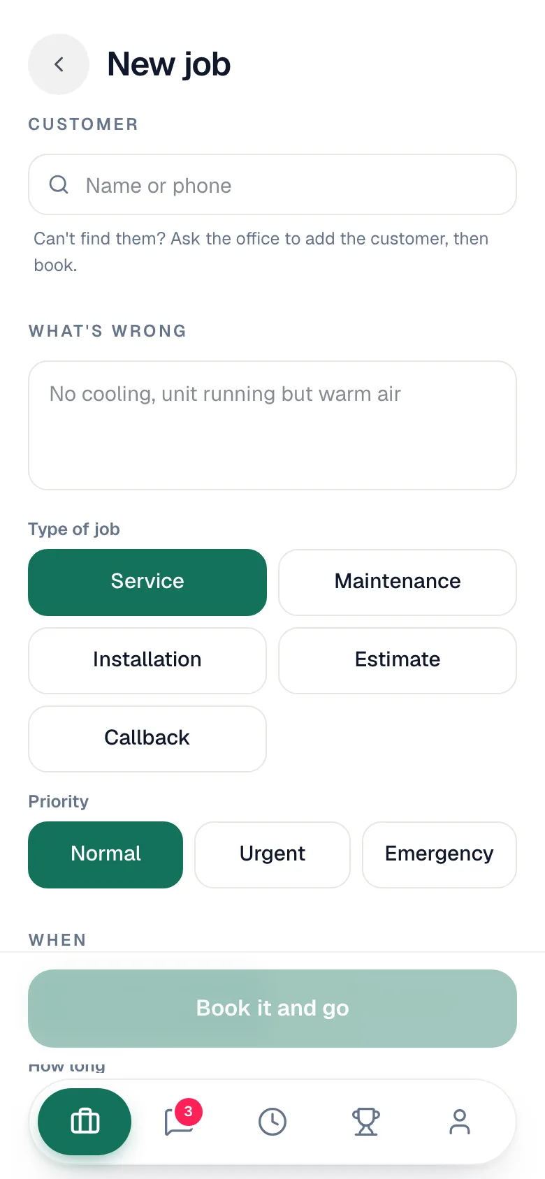 New job form with customer search, What's wrong, and Type of job