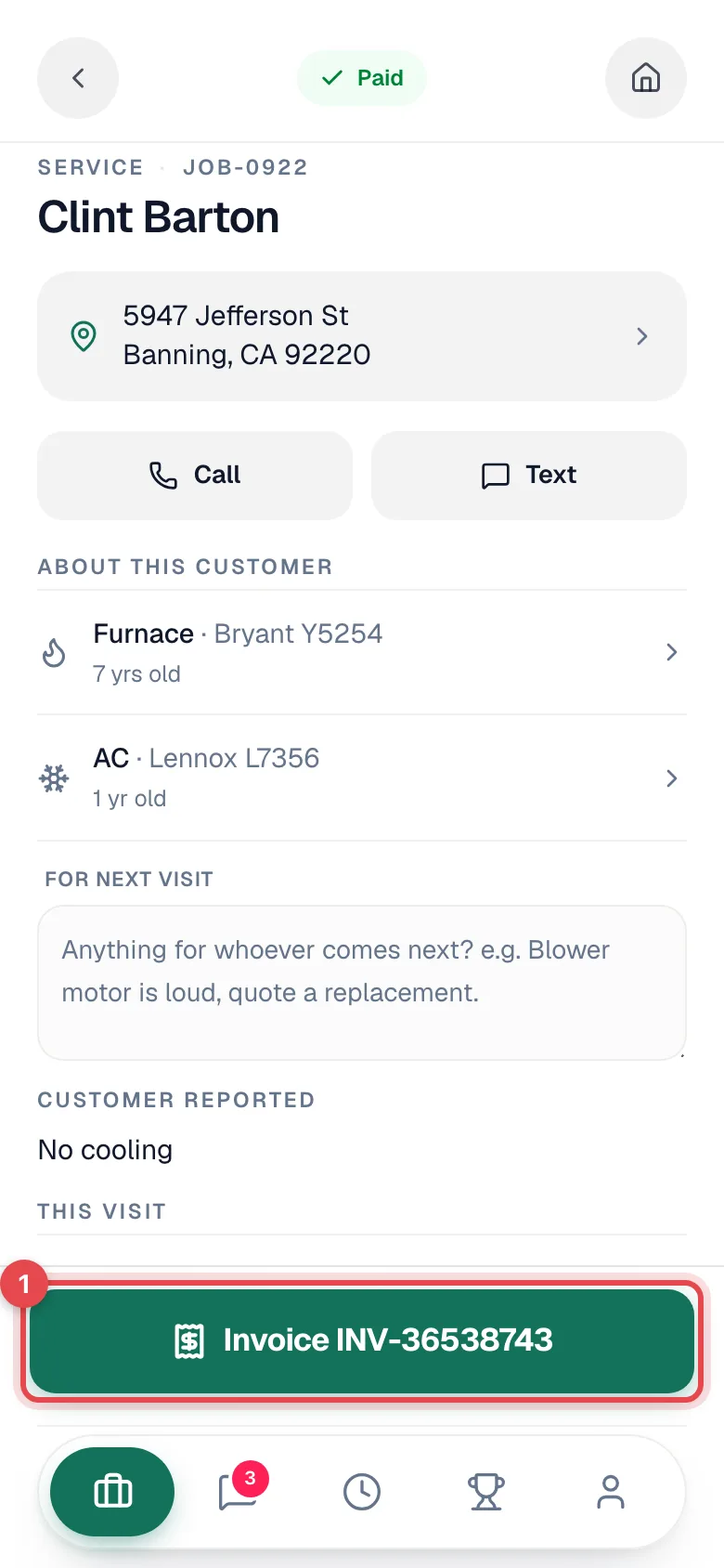 Finished job with the invoice button highlighted in the bottom bar