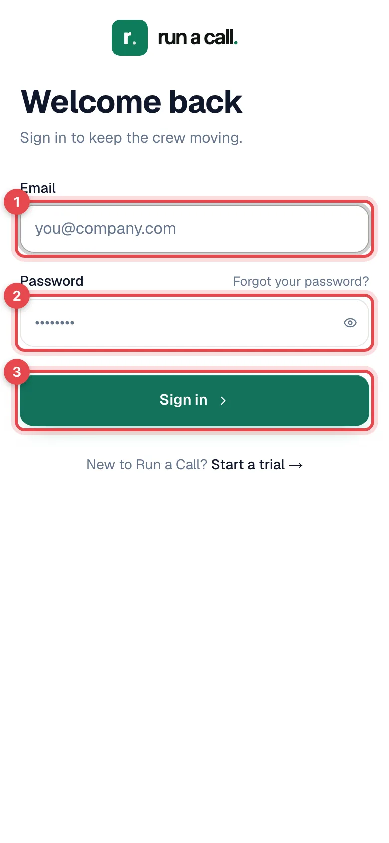 The app's sign-in screen with the Email and Password fields and the Sign in button highlighted