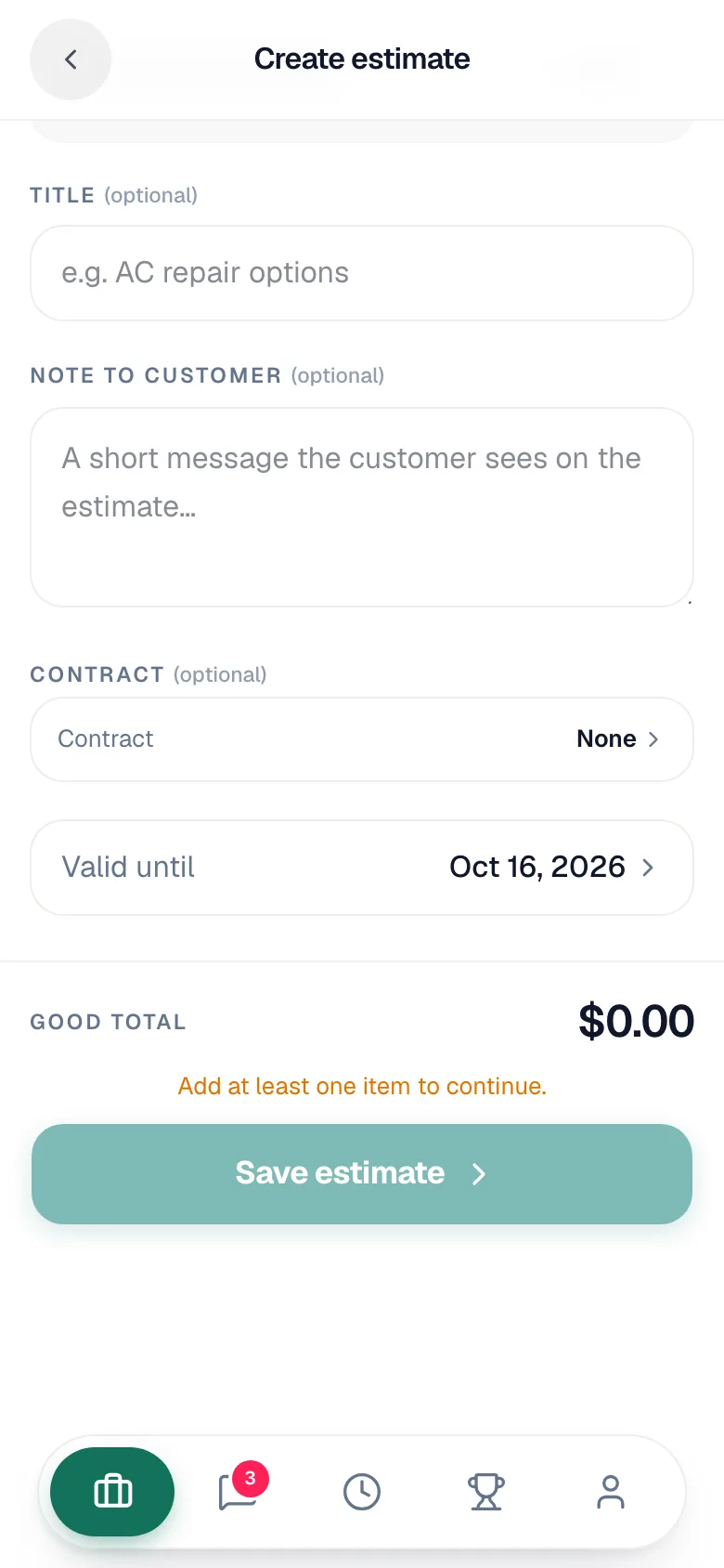 Bottom of the estimate form with Title, Note to customer, Contract, Valid until, and Save estimate