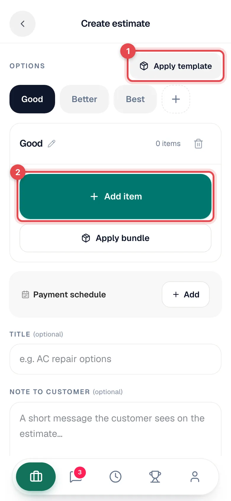 Create estimate screen with Apply template and Add item highlighted