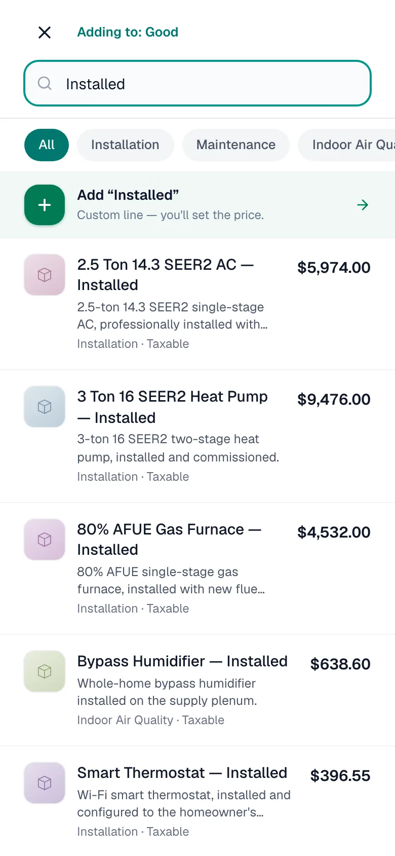 Pricebook picker opened from an estimate