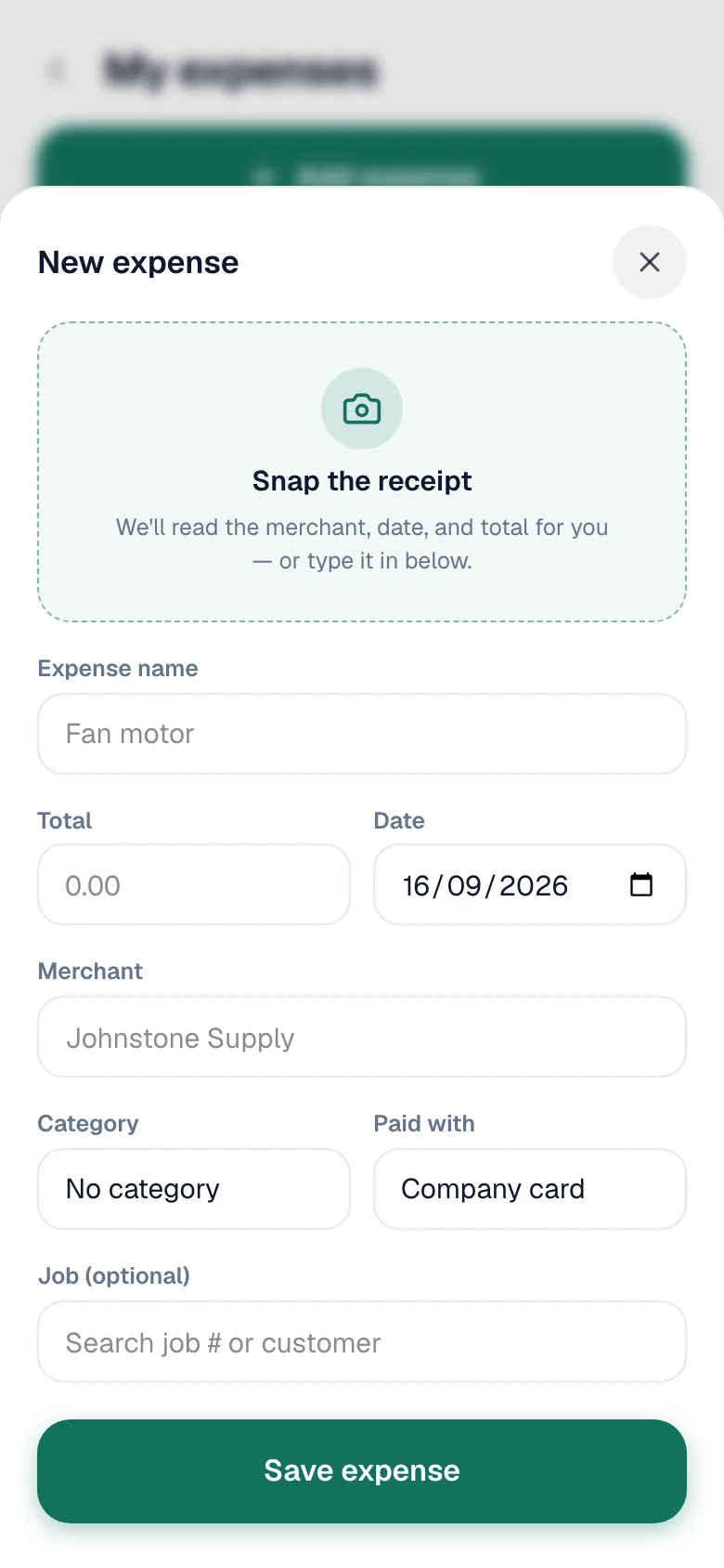 New expense form with Snap the receipt, Expense name, Total, Date, Merchant, Category, Paid with, and Job