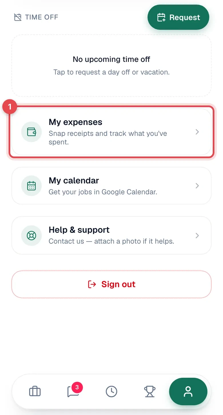 Profile screen with My expenses highlighted