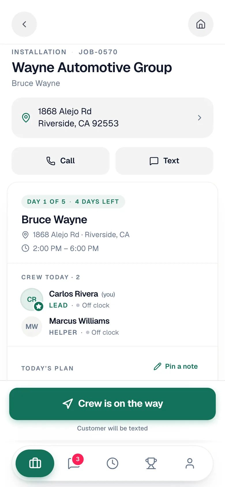 Crew daily brief card on a multi-day install, with the Lead's action button