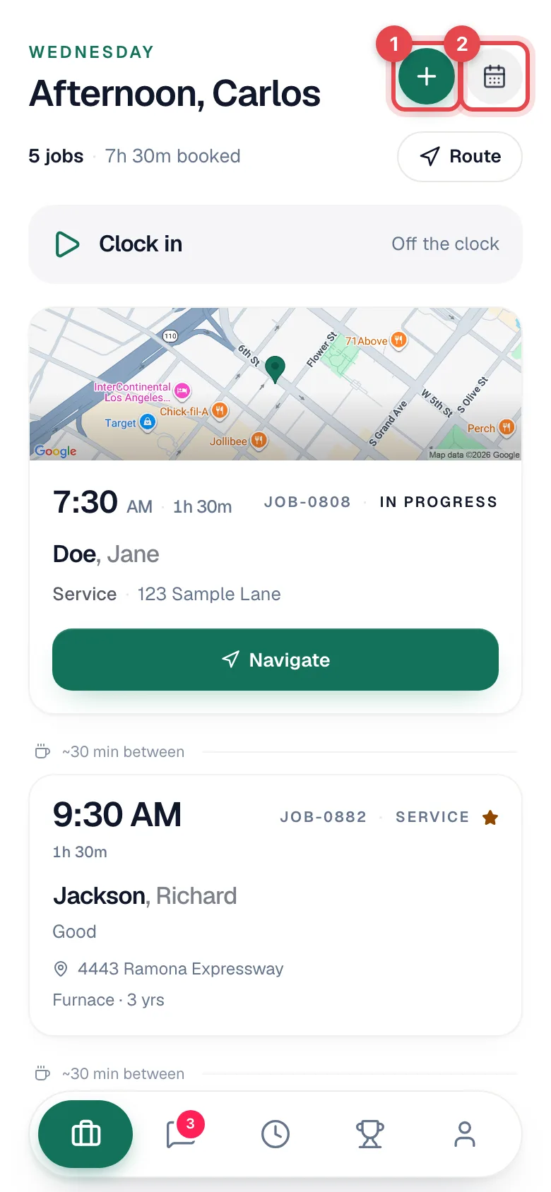 Jobs screen with the green New job button and the calendar button highlighted