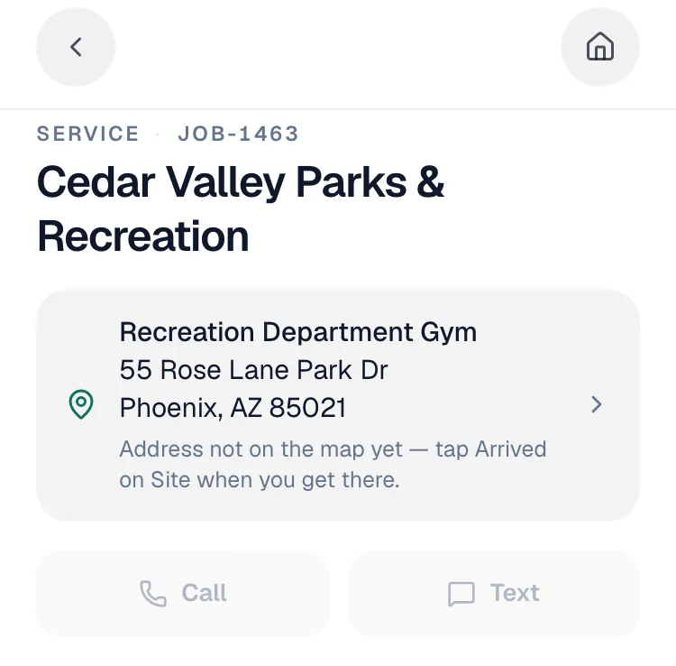 Job screen address card with the property name above the street