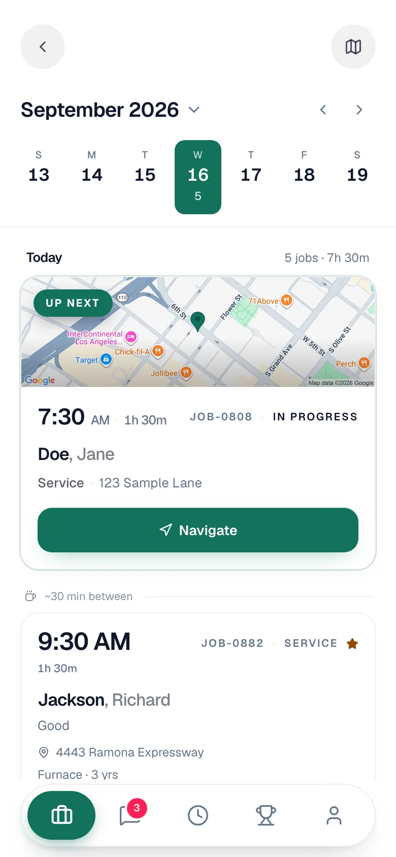 Full schedule showing a week strip and the selected day's jobs