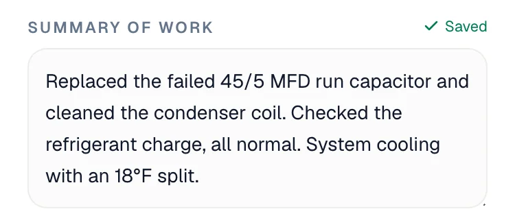 Summary of work box on the job screen in the mobile app, with the Saved label