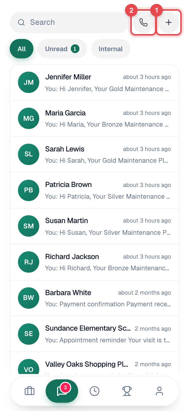 Conversations inbox with the new message and dialpad buttons highlighted